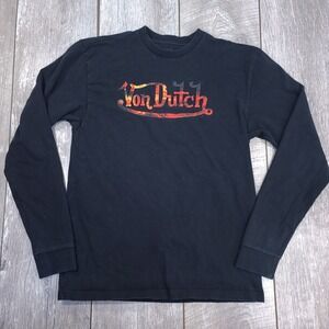 Von Dutch Long Sleeve T-Shirt Mens Small Black Fire Flame Graphic Logo Y2K Tee